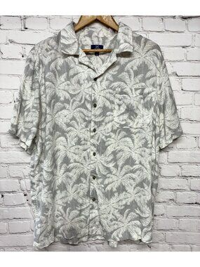 Gray White Hawaiian Linen Blend Palm Tree Breezy Button Front Shirt Sz XL